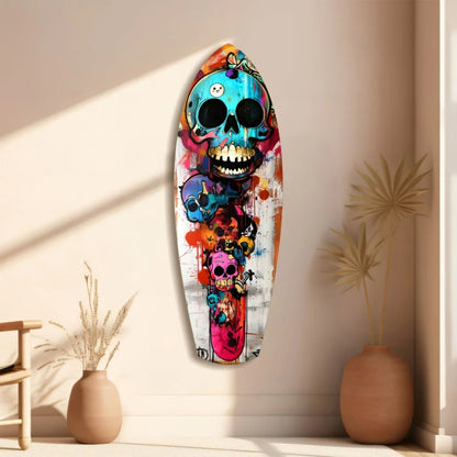 Vibrant multi-colored skull surfboard tempered glass art with size comparison
