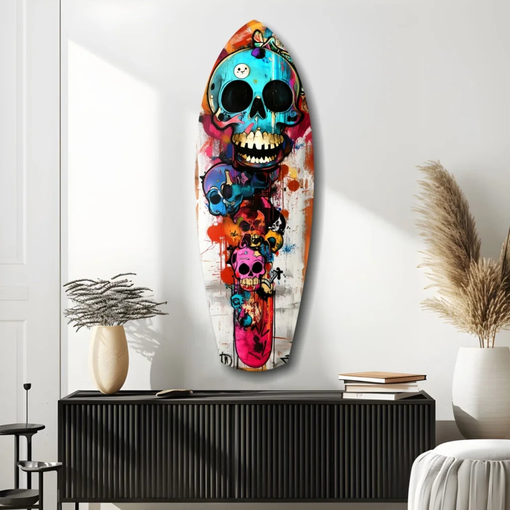Vibrant skull surfboard tempered glass art with size comparison