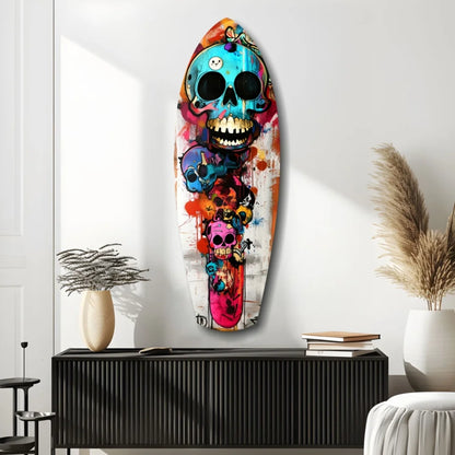 Vibrant skull surfboard tempered glass art with size comparison