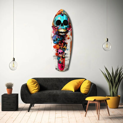 Vibrant blue skull surfboard tempered glass art with floral design