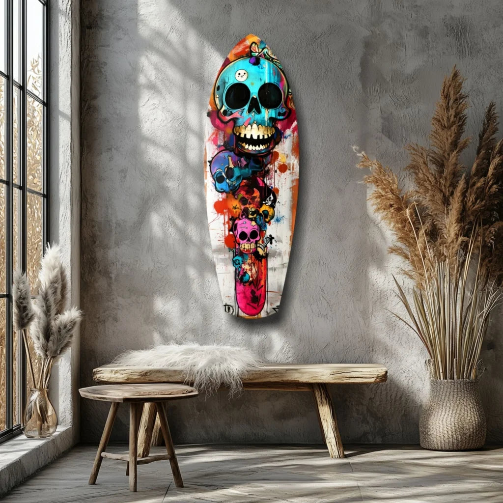 Vibrant tempered glass art of blue skull surfboard on colorful abstract background in wooden frame