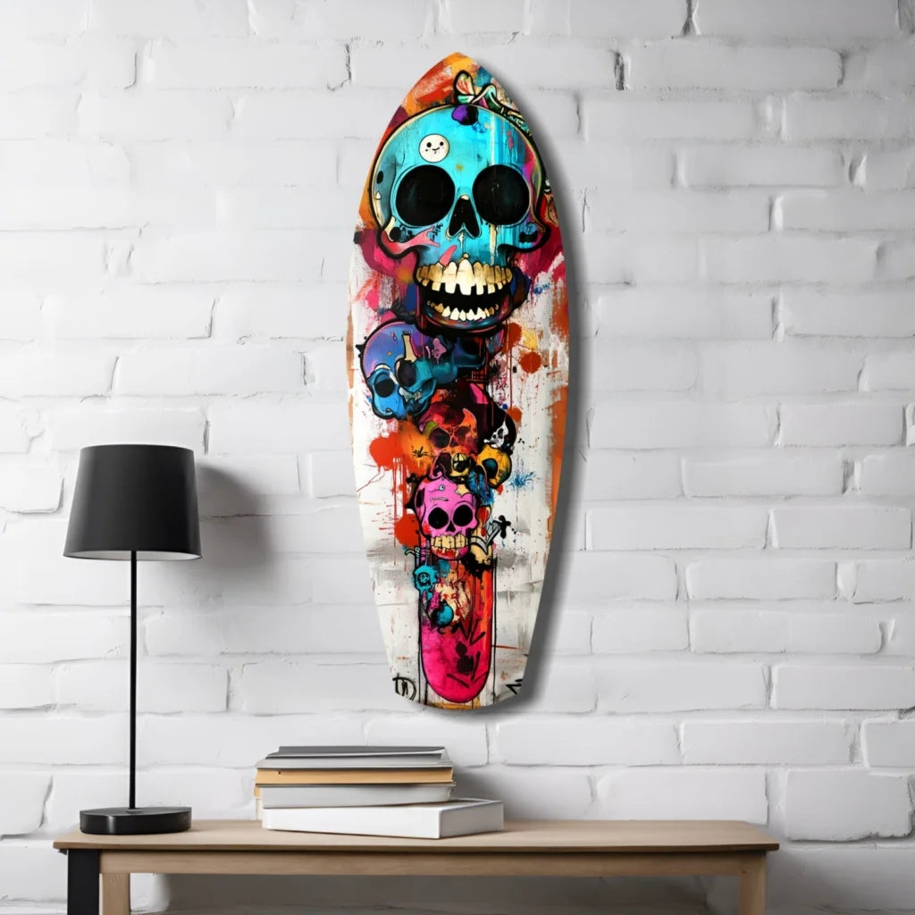 Vibrant skull surfboard tempered glass art with size comparison