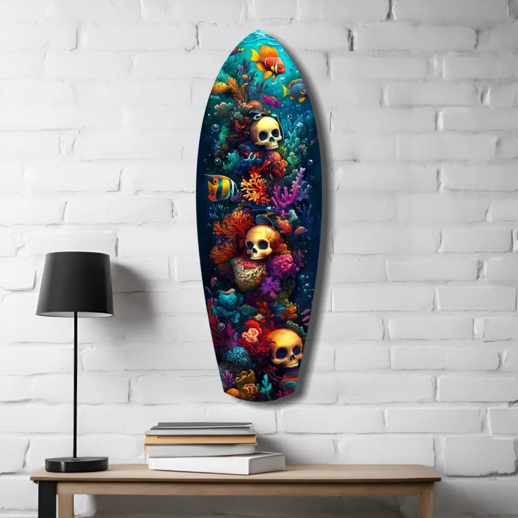 Vibrant Skull Surfboard Tempered Glass Art with Coral Design