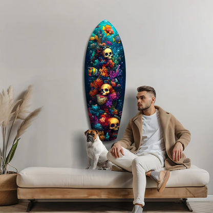 Vibrant skull surfboard tempered glass art with blue teal coral design
