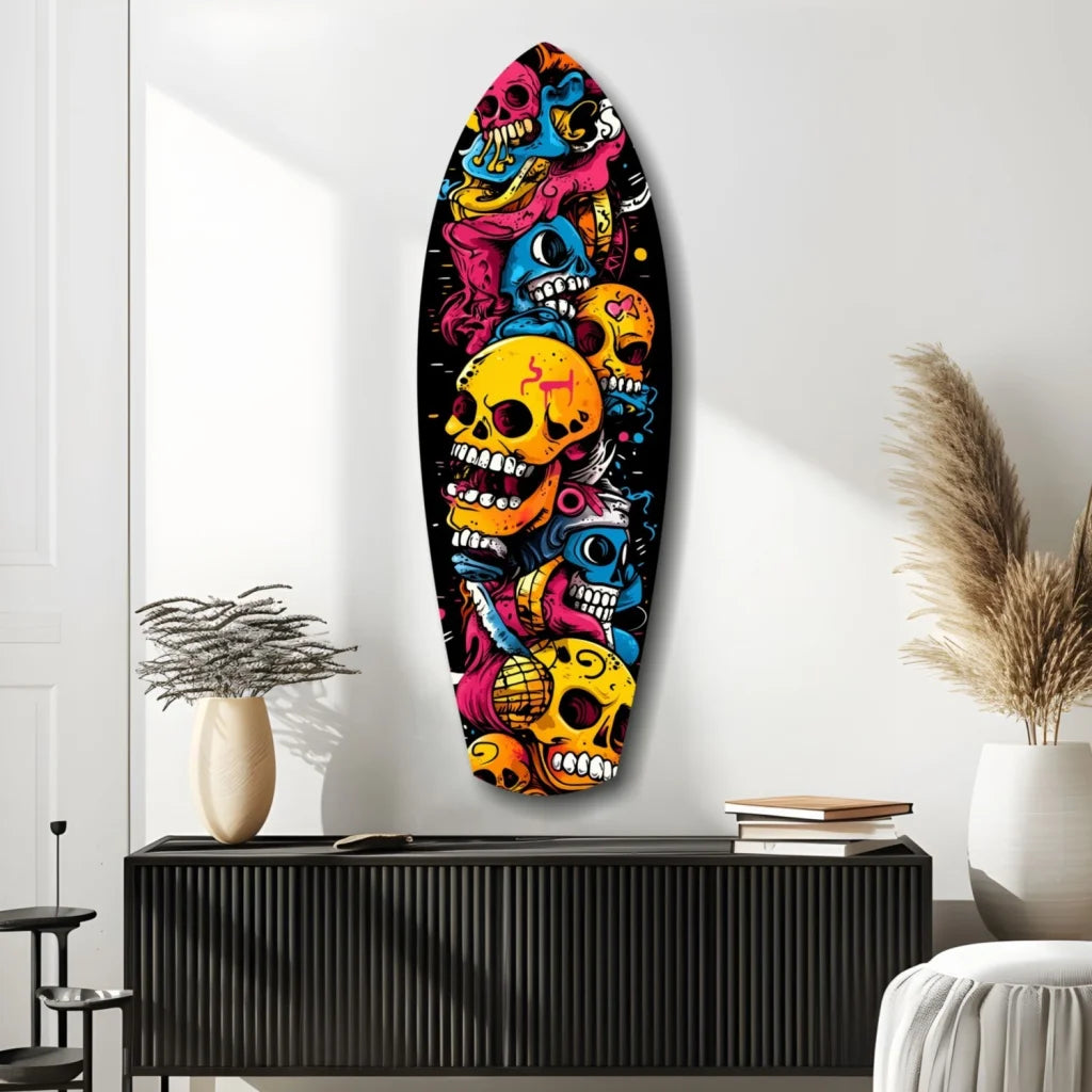 Vibrant graffiti skull surfboard tempered glass art in pink, blue hues
