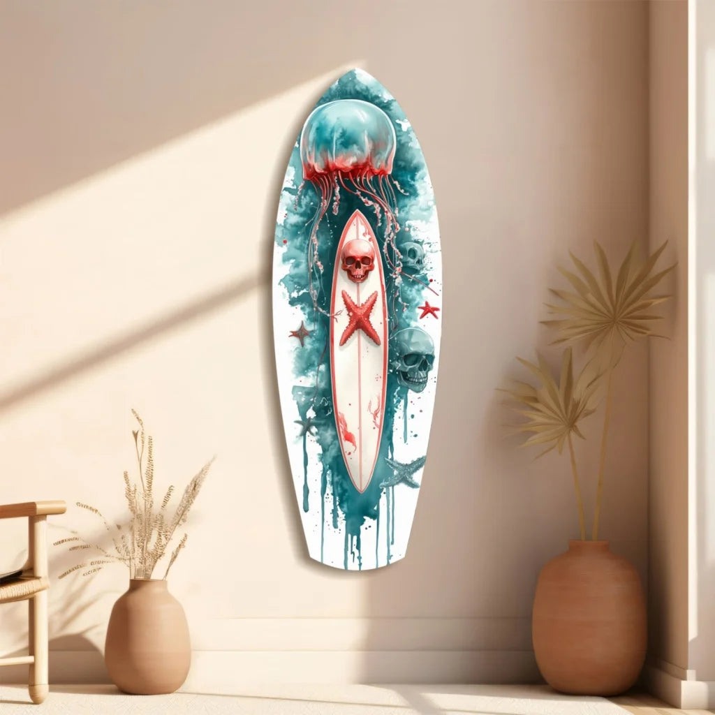 Skull surfboard tempered glass art with watercolor starfish design