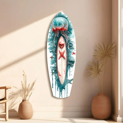 Skull surfboard tempered glass art with watercolor starfish design