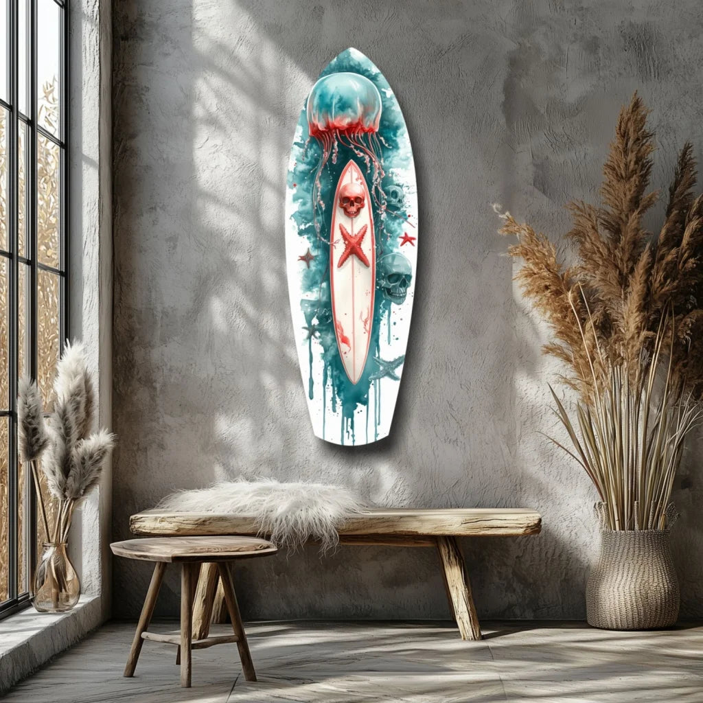 Skull surfboard tempered glass art with blue white abstract starfish design