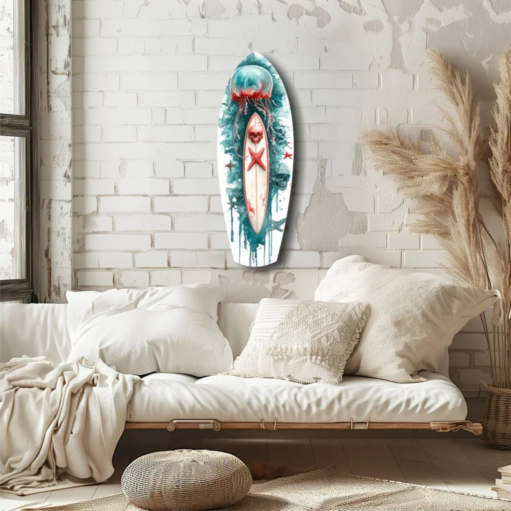 Skull surfboard tempered glass art in blue white watercolor design