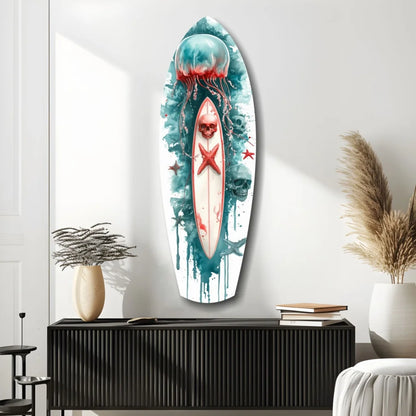 Teal skull surfboard tempered glass art with jellyfish watercolor design