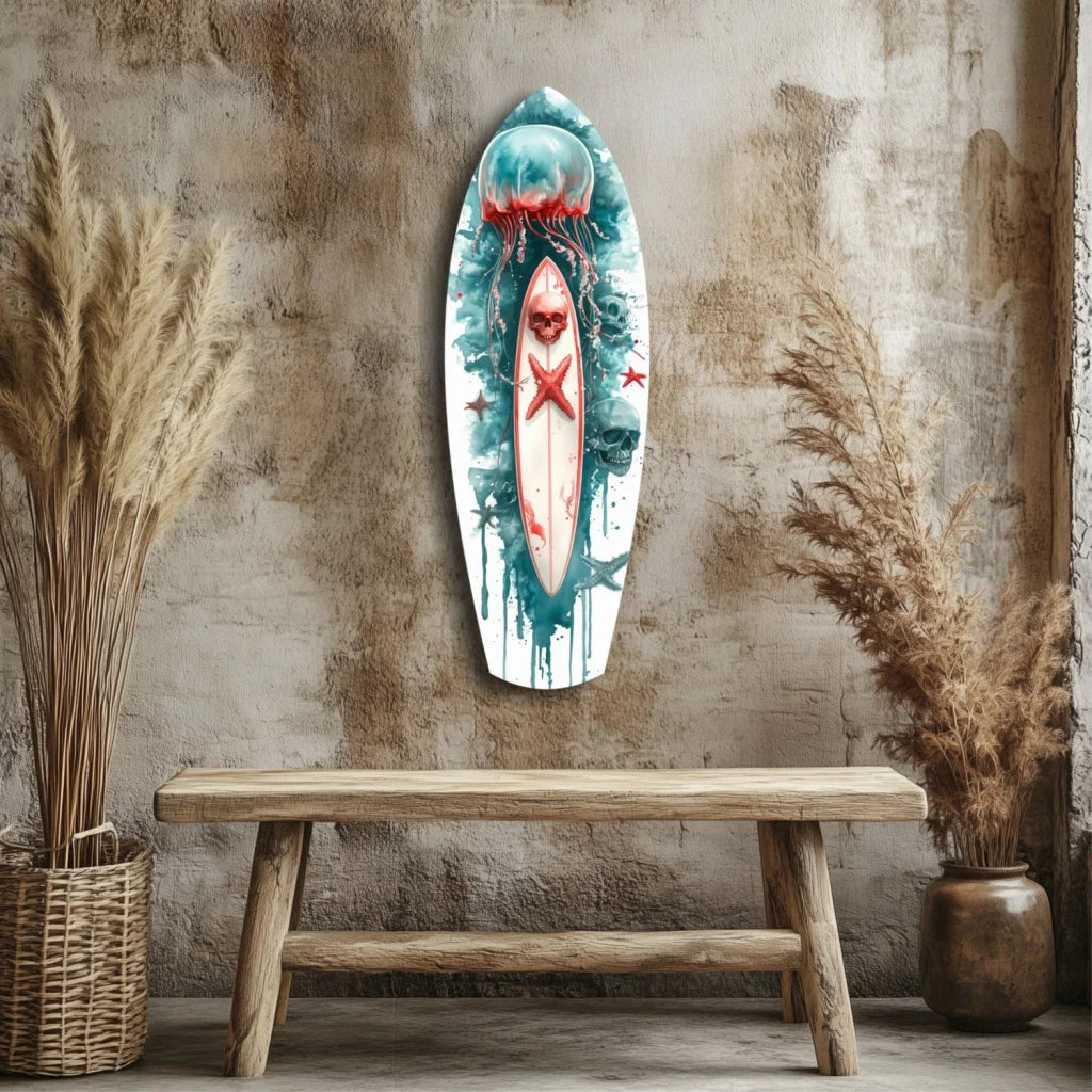 Skull surfboard tempered glass art with watercolor teal, white, red design