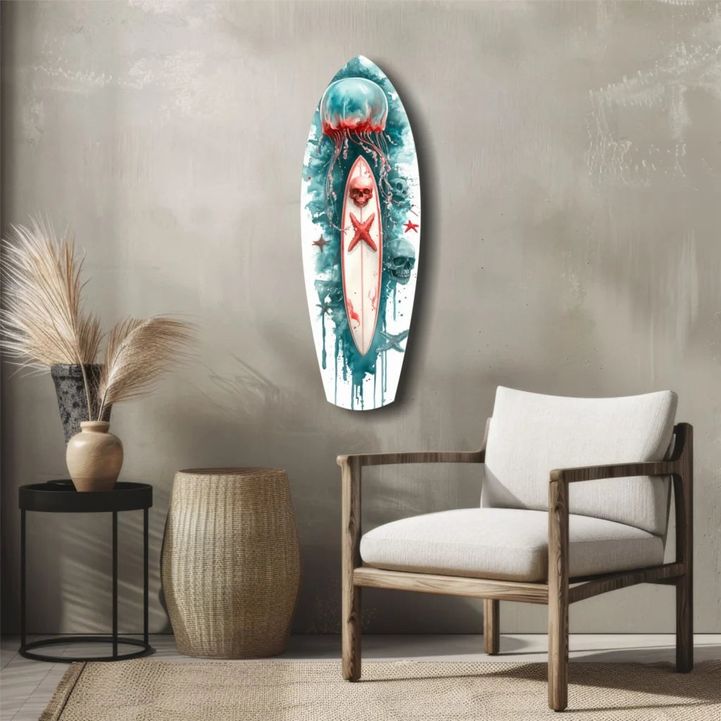 Skull surfboard tempered glass art with teal watercolor design in wooden frame