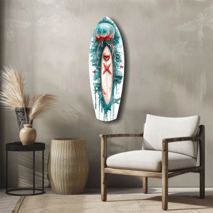 Skull surfboard tempered glass art with teal watercolor design in wooden frame