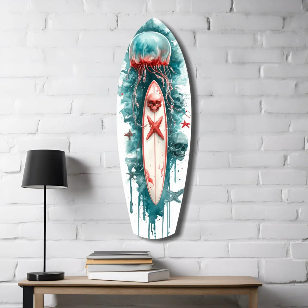 Skull surfboard tempered glass art with jellyfish design on teal background