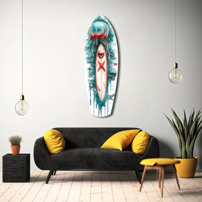 Skull surfboard tempered glass art with abstract watercolor design