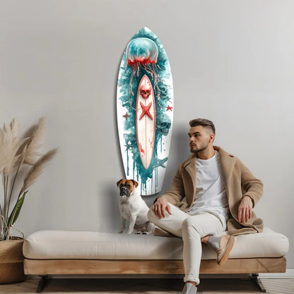 Vibrant skull surfboard tempered glass art with underwater coral and fish