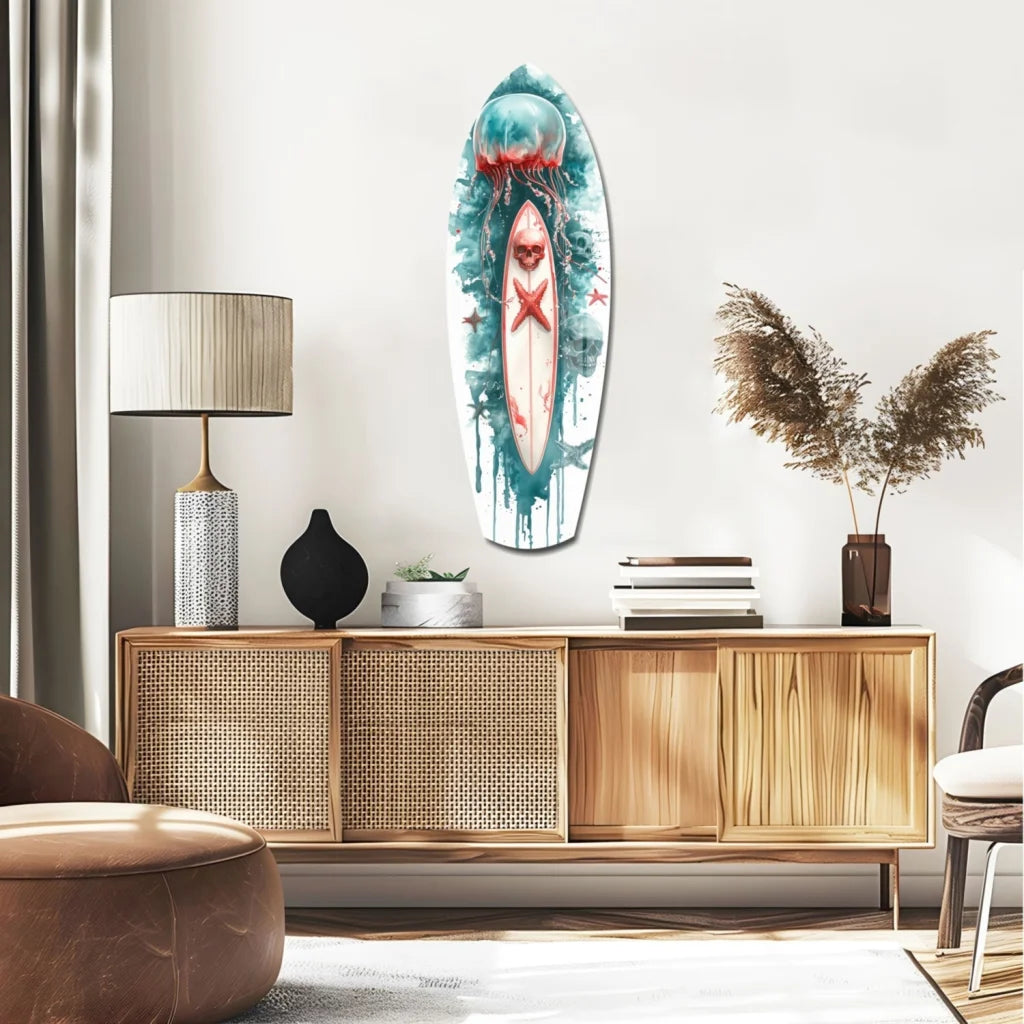 Teal and white Skull Surfboard tempered glass art with watercolor design