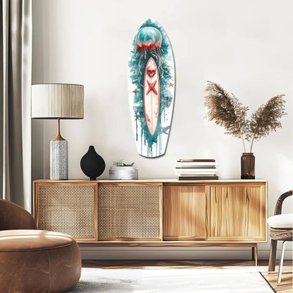 Teal and white Skull Surfboard tempered glass art with watercolor design