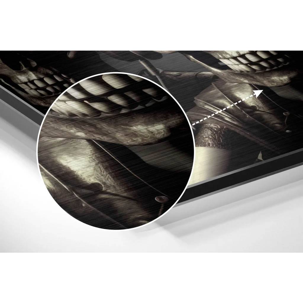 Black and silver metallic skull art print on brushed aluminium dibond
