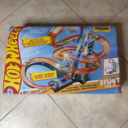 Sky Crash Tower motorized track set with orange blue tracks and toy car