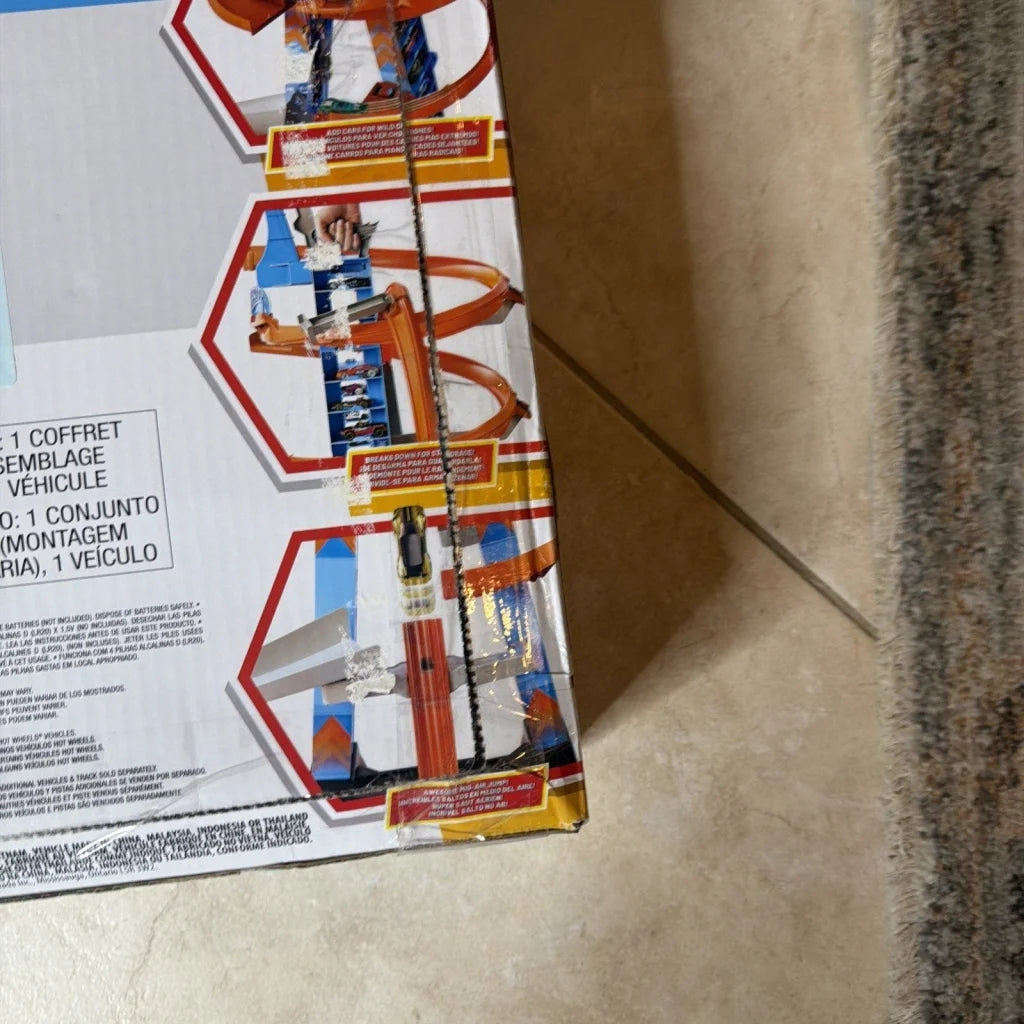Sky Crash Tower motorized track set in orange plastic with box