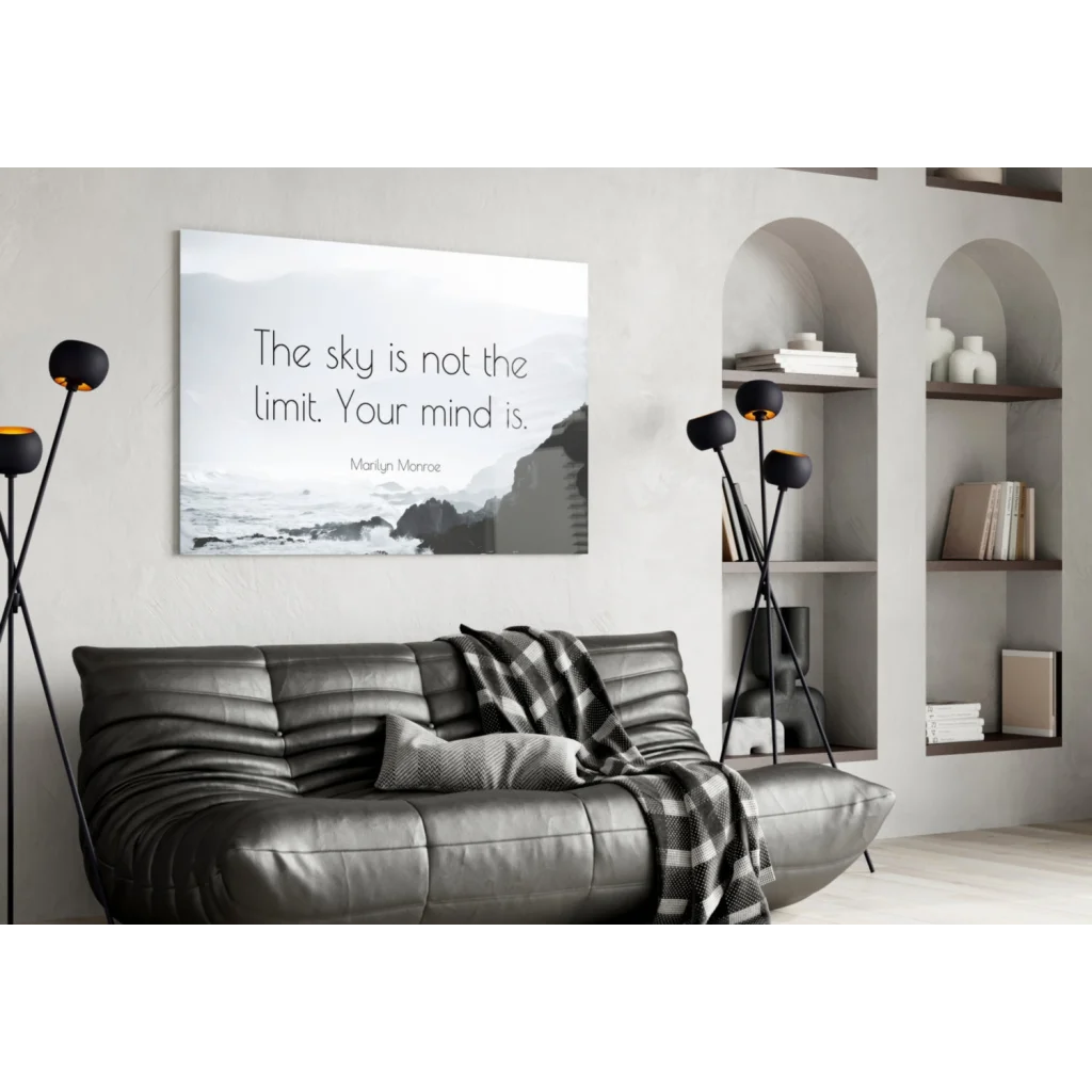 Black leather sofa with gray black plaid throw and glass wall art