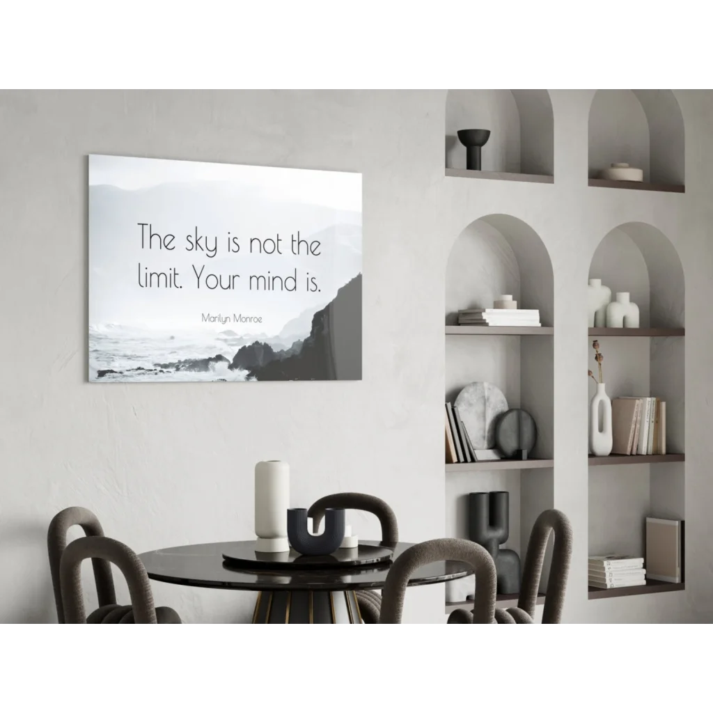 Minimalist black-and-white glass wall art canvas print with the sky is not the limit quote