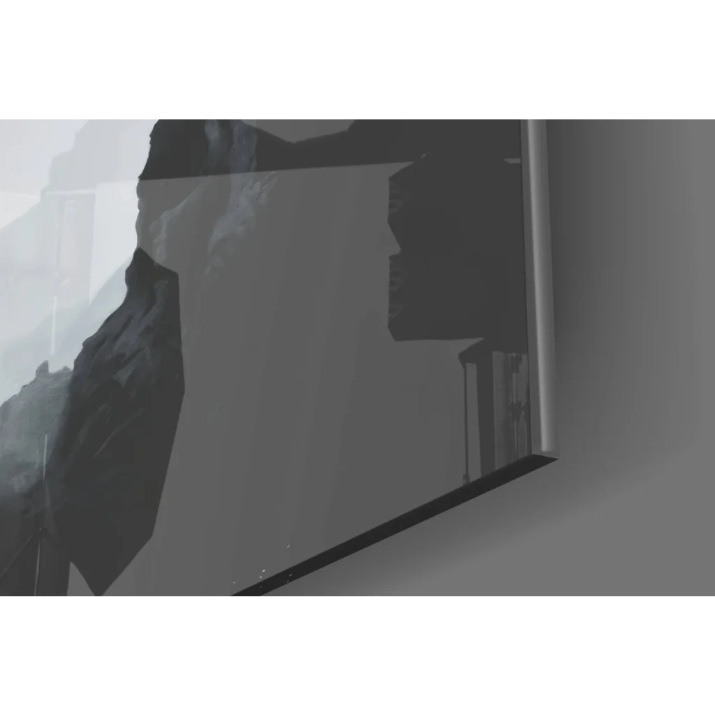 Sleek black-framed glass wall art monitor with mountain silhouettes