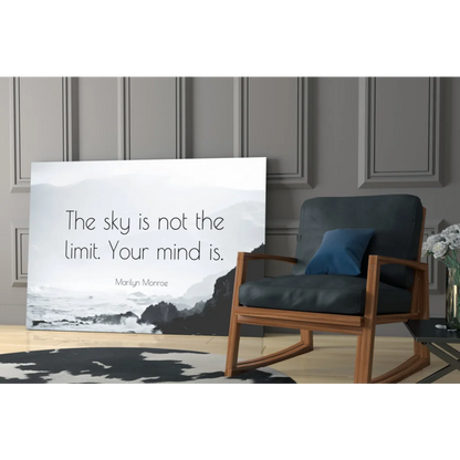 White canvas print of the sky is not the limit quote in glass wall art