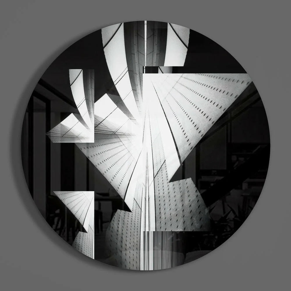Bold black-and-white tempered glass art with geometric architectural fragments