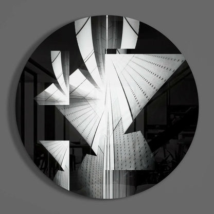 Bold black-and-white tempered glass art with geometric architectural fragments