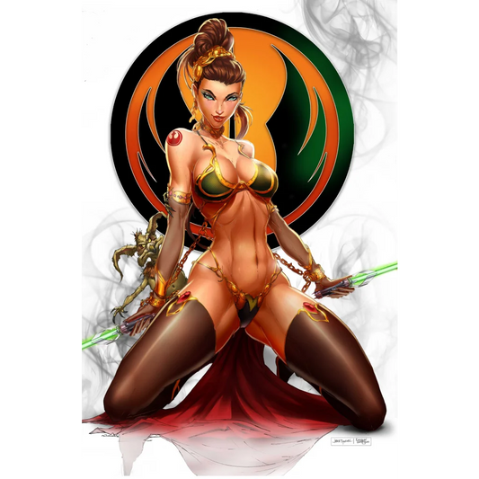 Golden bikini with green accents and red skirt in Slave Princess Jedi cosplay virgin edition