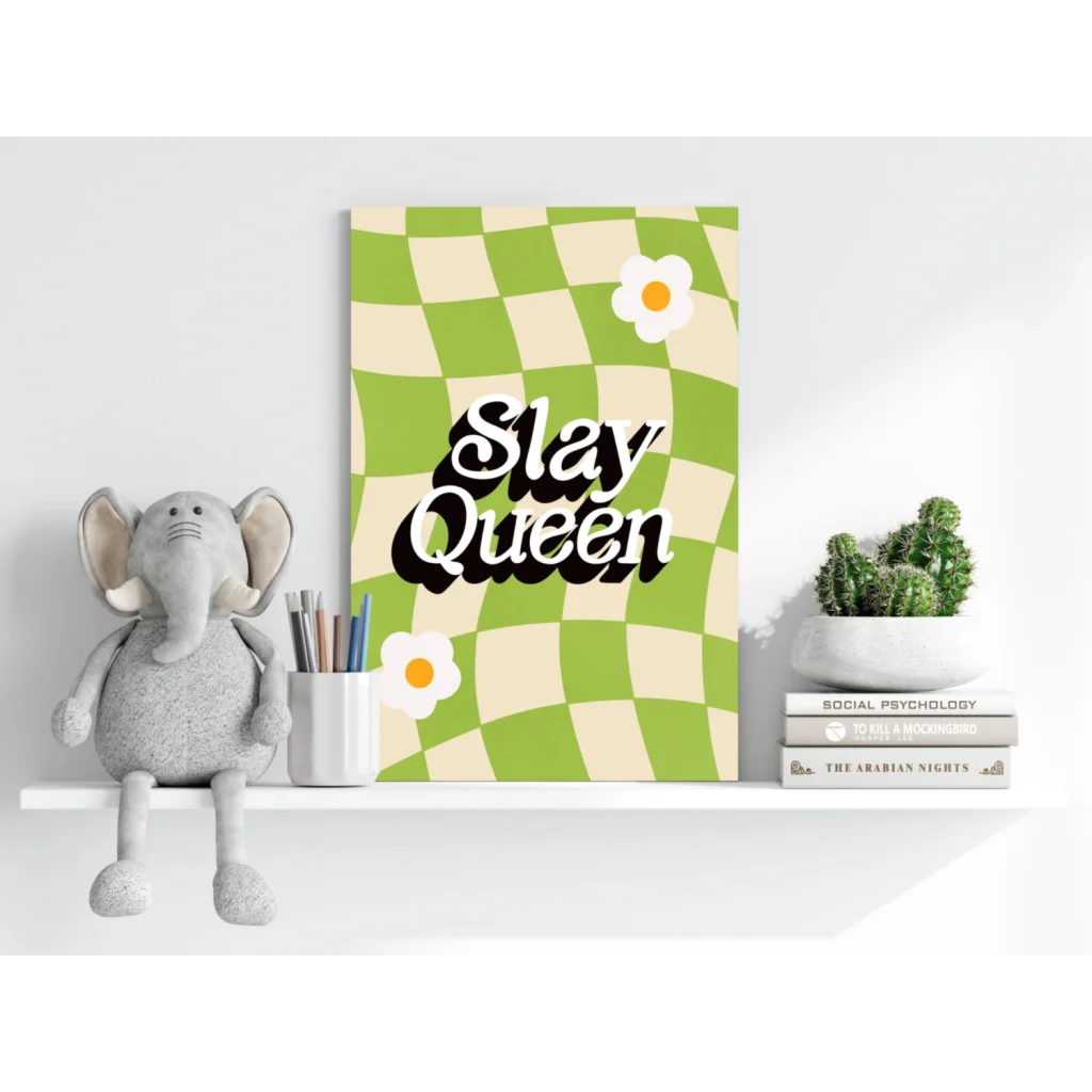 Slay Queen checkered daisy aluminum wall print in green and white retro style