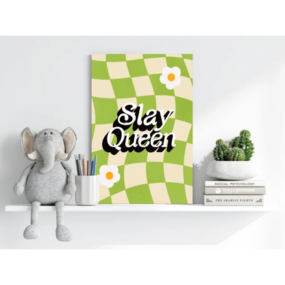 Slay Queen checkered daisy aluminum wall print in green and white retro style