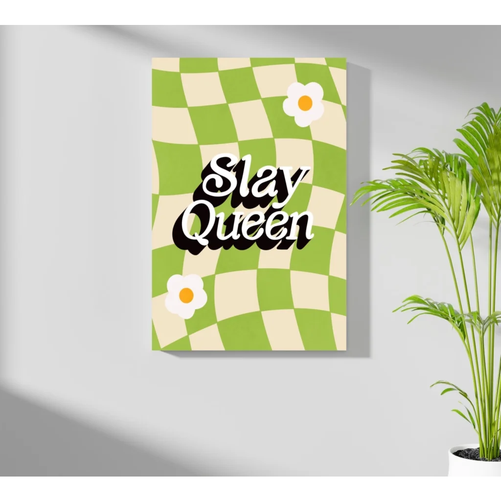 Slay Queen checkered daisy aluminum wall art in green and white