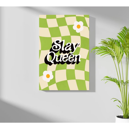 Slay Queen checkered daisy aluminum wall art in green and white