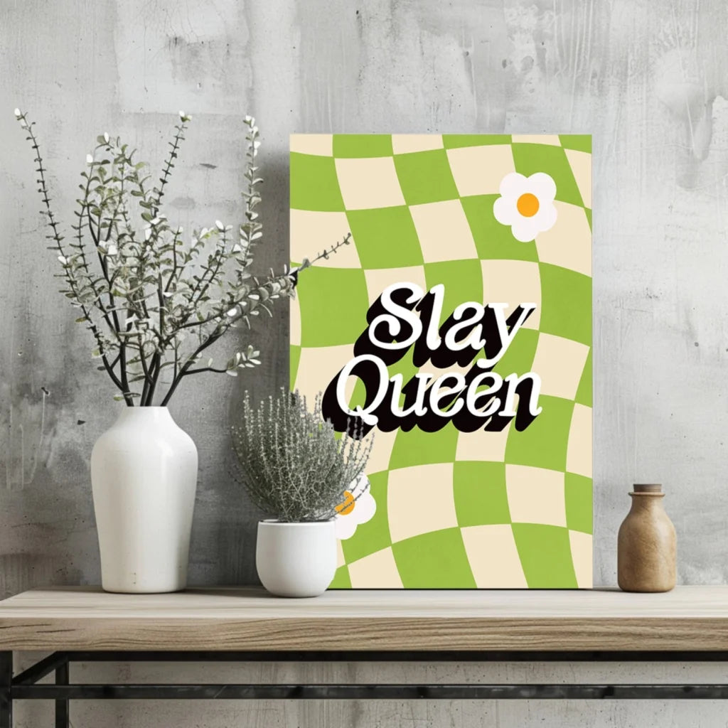 Slay Queen green white checkered daisy wall art print