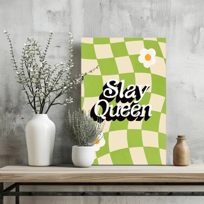 Slay Queen green white checkered daisy wall art print