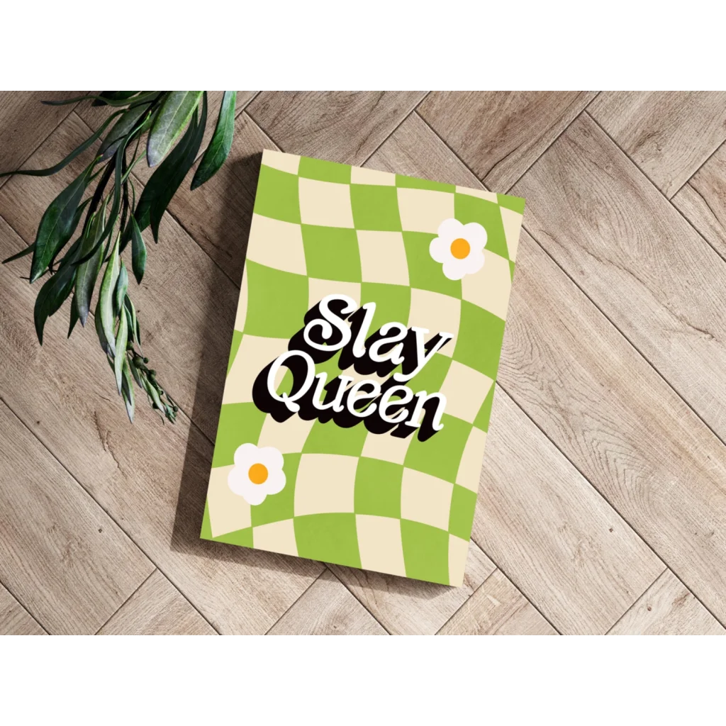 Slay Queen checkered daisy notebook in green and white