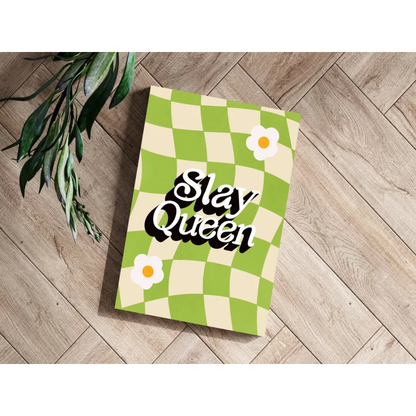 Slay Queen checkered daisy notebook in green and white