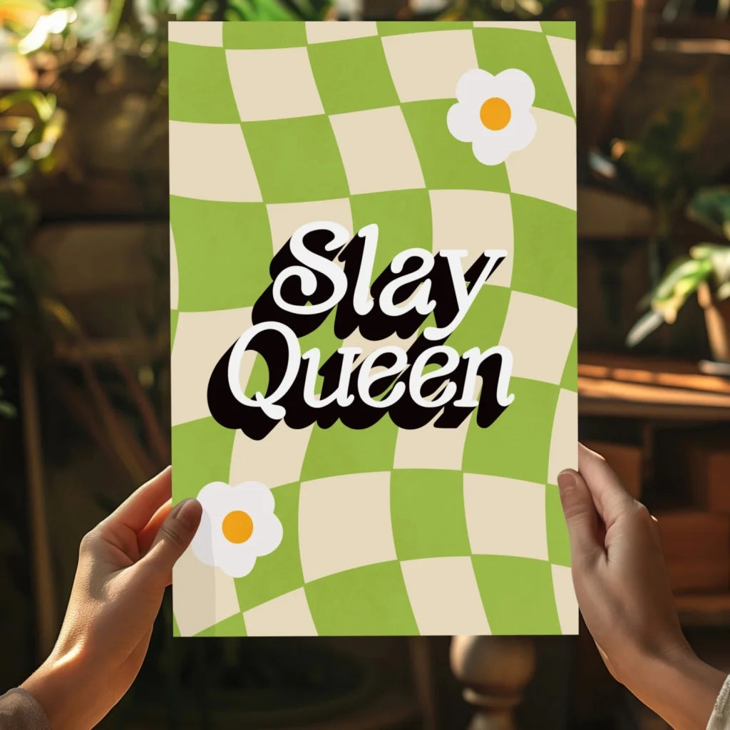 Slay Queen checkered daisy wall art aluminum print