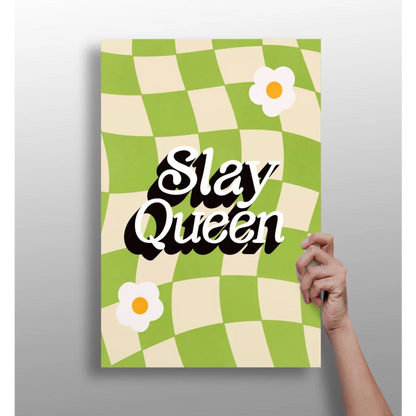 Slay Queen checkered daisy aluminum wall print with green white pattern