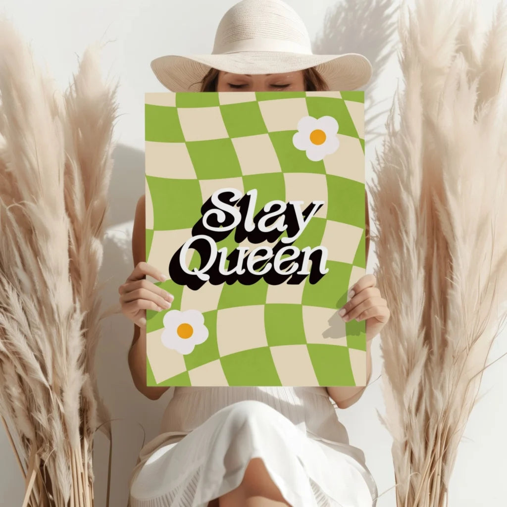 Slay Queen Checkered Daisy aluminum wall print with green white checkers and daisies