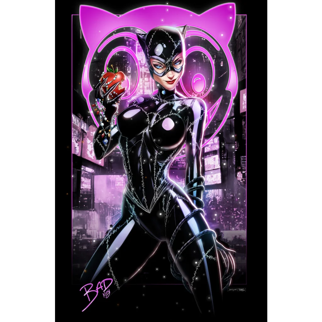 Sleek black latex Catwoman costume print on brushed aluminum