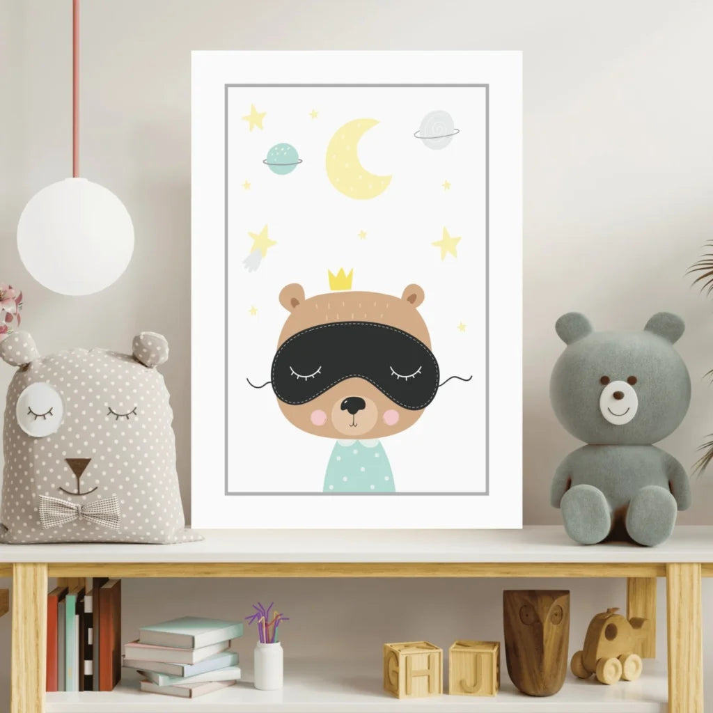 Cute Sleepy Bear Prince in pajamas with stars, framed kids wall art