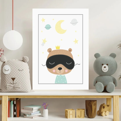 Cute Sleepy Bear Prince in pajamas with stars, framed kids wall art