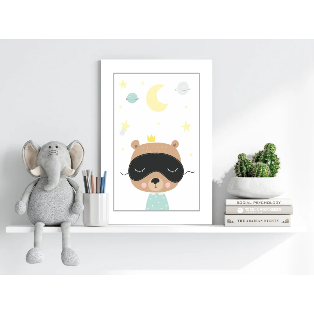 Cute Sleepy Bear Prince kids wall art with stars and moon