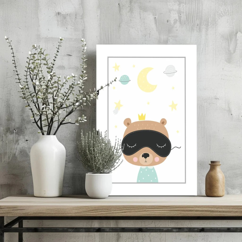 Cute Sleepy Bear Prince in starry sky aluminum wall art for kids room