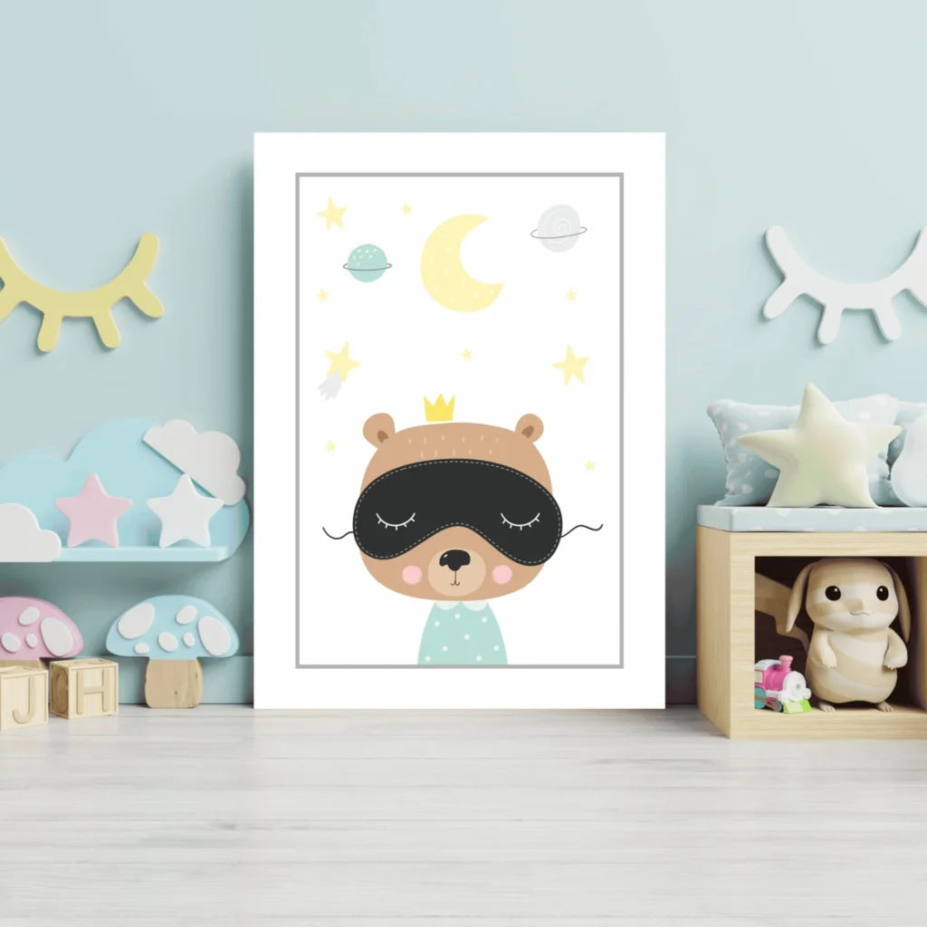 Cute Sleepy Bear Prince aluminum wall art for kids room with stars and moon