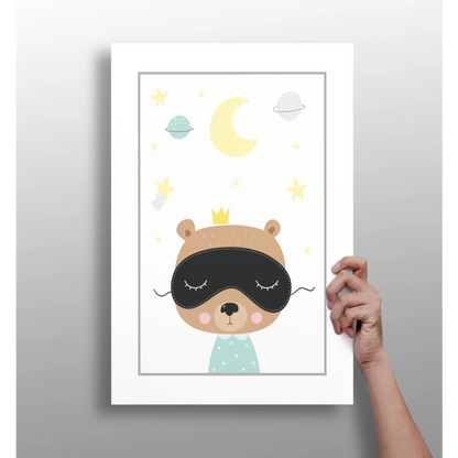 Charming beige Sleepy Bear Prince with sleep mask and crown in starry space scene